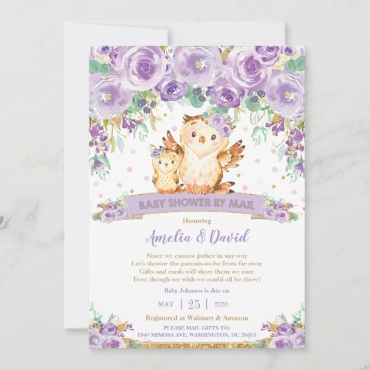 Chique Paarse Bloemenuil Virtual Baby shower per M Kaart (Voorkant)