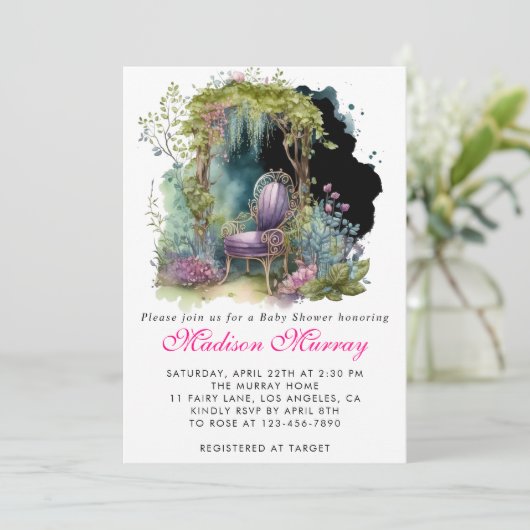 Chique paarse bloemige bloementuin stoel baby show kaart (Staand voorkant)