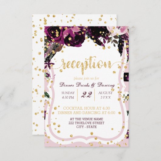 Chique Paarse Bloemige Gouden Confetti Trouwrecept Kaart (Voorkant / Achterkant)