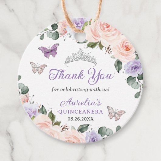 Chique Paarse Blush Bloemen Vlinders Zilveren Kroo Bedankjes Labels (Voorkant)