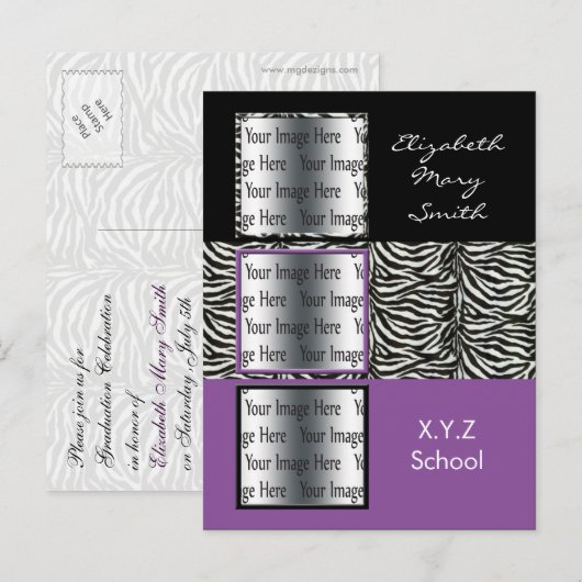chique paarse drievoudige foto Afstuderen Uitnodig Uitnodiging Briefkaart (Voorkant / Achterkant)