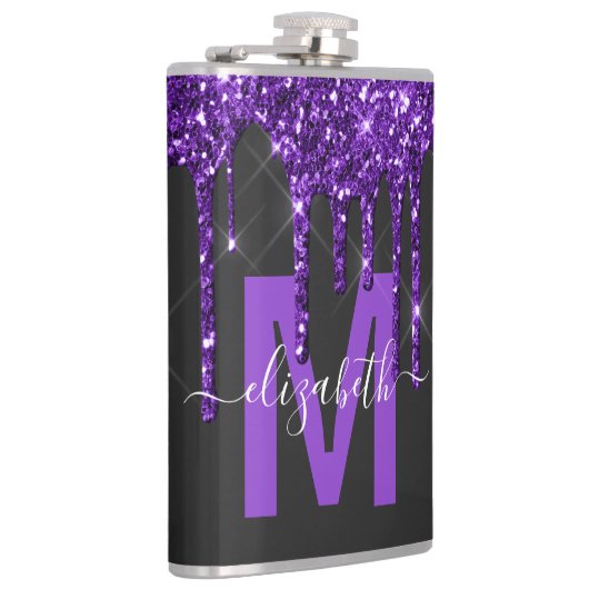 Chique Paarse Drip Glitter Monogram Naam Heupfles (Rechts)