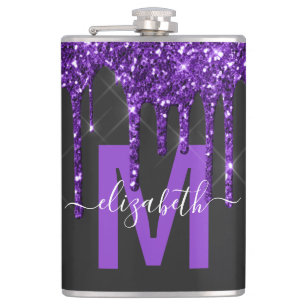 Chique Paarse Drip Glitter Monogram Naam Heupfles