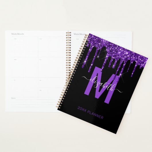Chique Paarse Dripping Glitter Monogram Naam 2024 Planner (Display)