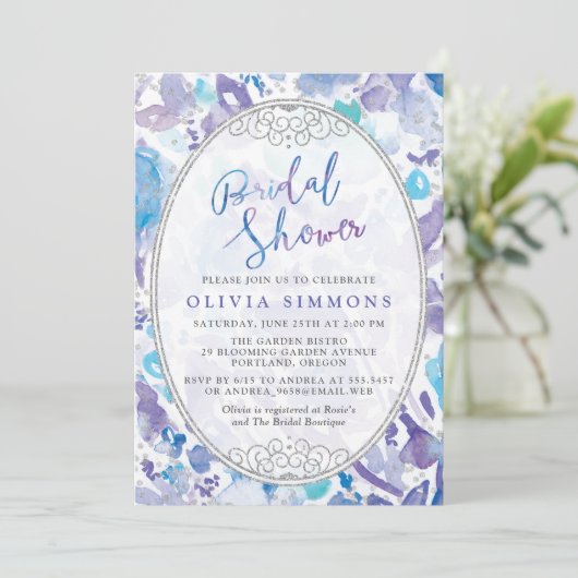 Chique paarse en blauwe waterverf bloem bruidsdouc kaart (Staand voorkant)