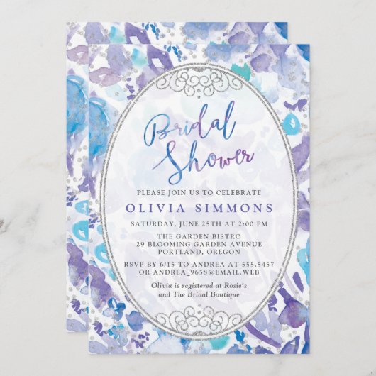 Chique paarse en blauwe waterverf bloem bruidsdouc kaart (Voorkant / Achterkant)