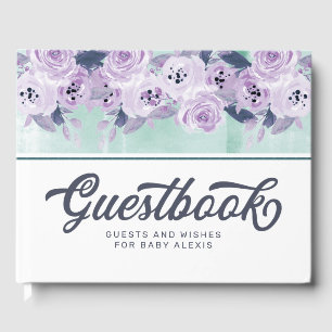 Chique paarse en turquoise bloemenrand baby shower gastenboek