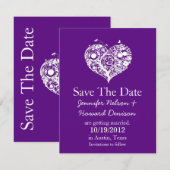 Chique paarse en witte hart trouwkaart save the date (Voorkant / Achterkant)