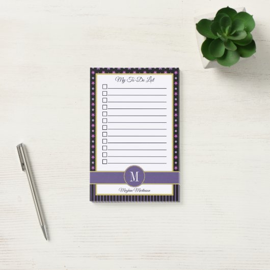 Chique Paarse Floral Stripe Monogram Naam Te Doen  Post-it® Notes (Kantoor)