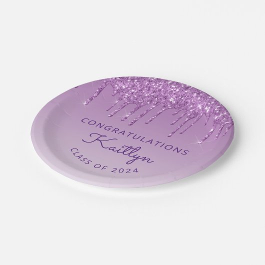 Chique Paarse Glitter Drip Class Graduation Party Papieren Bordje (Gekanteld)