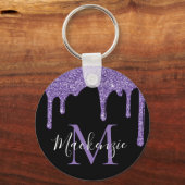 Chique Paarse Glitter Druppels Glans Monogram Sleutelhanger (Voorkant)