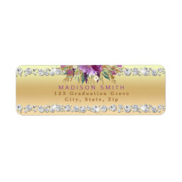 Chique Paarse Glitter Flowers Diamonds Gold Etiket