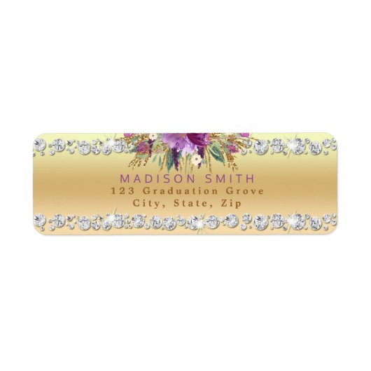 Chique Paarse Glitter Flowers Diamonds Gold Etiket (Voorkant)
