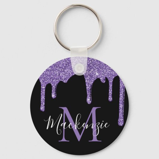 Chique Paarse Glitterdruppels Glans Monogram Sleutelhanger (Achterkant)