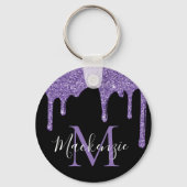 Chique Paarse Glitterdruppels Glanzende Monogram Sleutelhanger (Achterkant)