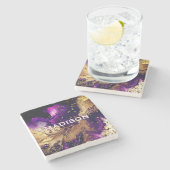 Chique paarse gouden faux glitter marmering monogr stenen onderzetter (Zijkant)