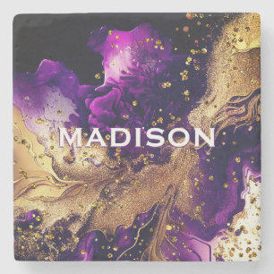 Chique paarse gouden faux glitter marmering monogr stenen onderzetter