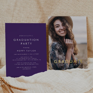 Chique Paarse Gouden Folie Foto Graduation Party Uitnodiging
