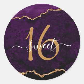 Chique Paarse Gouden Glitter Agaat Sweet 16 Party Ronde Sticker