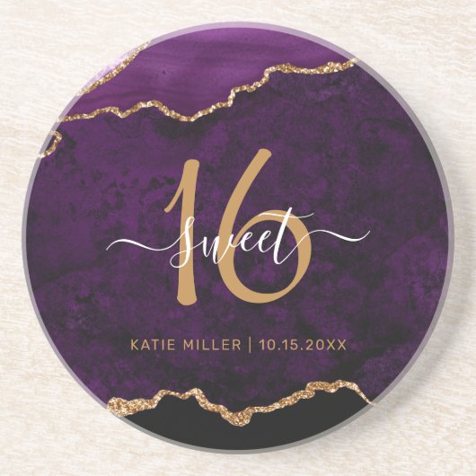 Chique Paarse Gouden Glitter Agaat Sweet 16 Party Zandsteen Onderzetter (Voorkant)