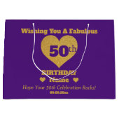 Chique Paarse & Gouden Glitter Harten 50e Verjaard Groot Cadeauzakje (Voorkant)