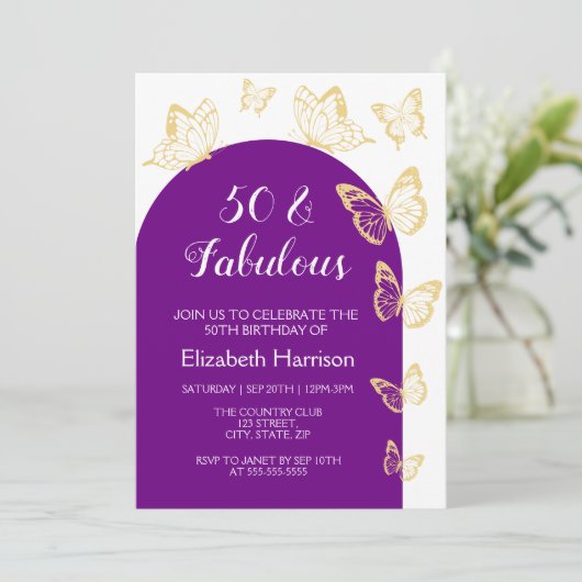 Chique Paarse gouden vlinder Fabulous Birthday Kaart (Staand voorkant)