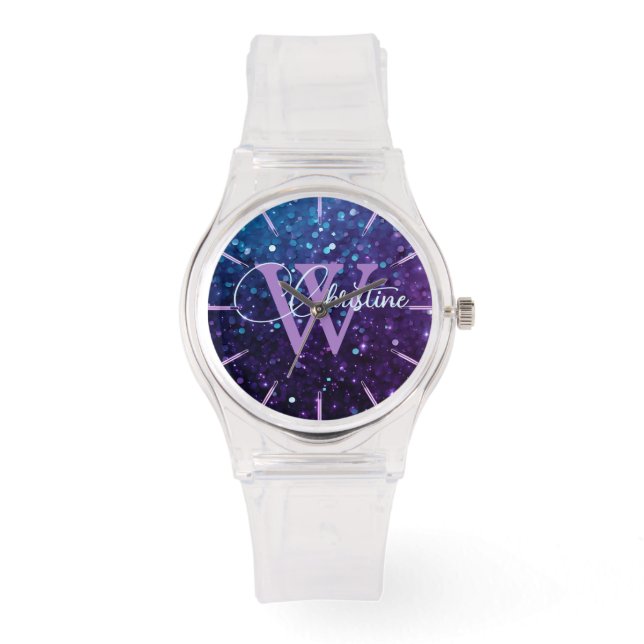 Chique Paarse Gradient Glitter Monogram Horloge (Voorkant)