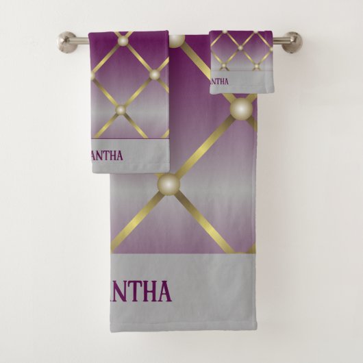 Chique Paarse grijs en gouden mesh geometrisch Bad Handdoek (Insitu)