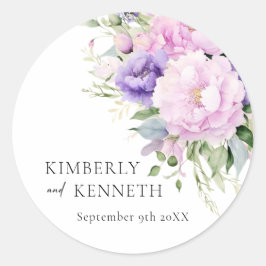 Chique Paarse Lavendel Roze Violet Bloemen Bruilof Ronde Sticker