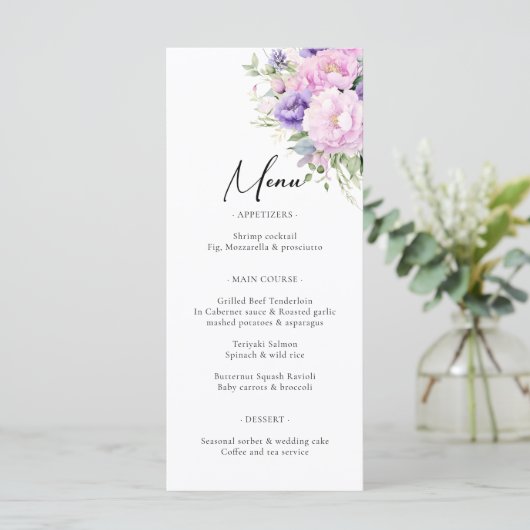 Chique Paarse Lavendel Roze Violette Bloemige Brui Menu (Staand voorkant)