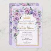Chique Paarse Lila Lavendel Bloemen Goud Quinceañe Kaart (Voorkant / Achterkant)