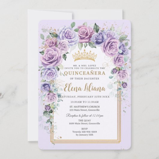 Chique Paarse Lila Lavendel Bloemen Goud Quinceañe Kaart (Voorkant)