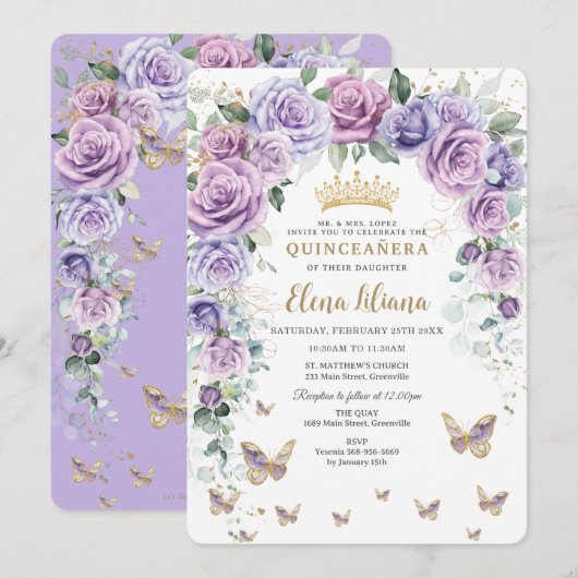 Chique Paarse Lila Lavendel Bloemenboog Quinceañer Kaart (Voorkant / Achterkant)