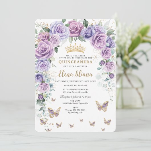 Chique Paarse Lila Lavendel Bloemenboog Quinceañer Kaart (Staand voorkant)