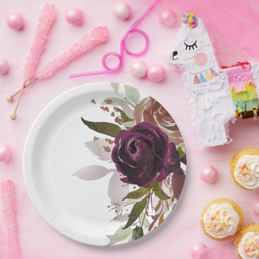 Chique Paarse pruim en gouden bloemenbruiloft Papieren Bordje (Feest)