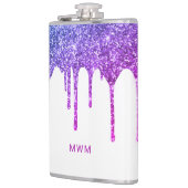 Chique Paarse Roze Glitter Druppels Glans Monogram Heupfles (Links)