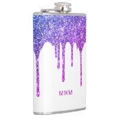 Chique Paarse Roze Glitter Druppels Glans Monogram Heupfles (Rechts)