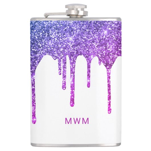 Chique Paarse Roze Glitter Druppels Glans Monogram Heupfles (Voorkant)