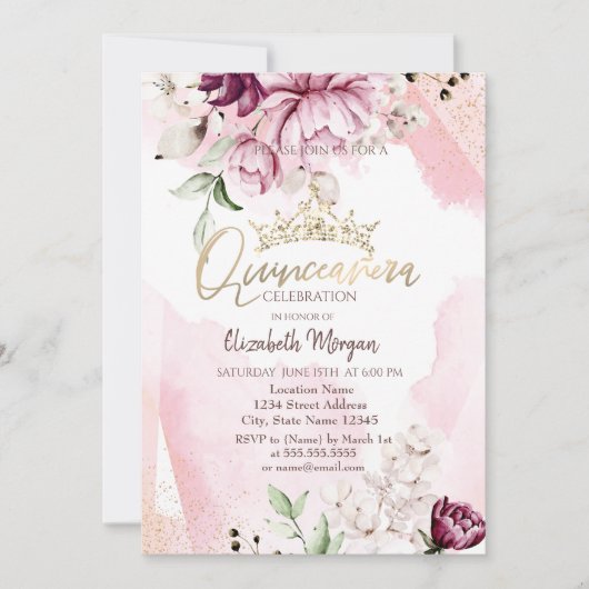Chique Paarse Rozen Kroon Quinceañera Kaart (Voorkant)
