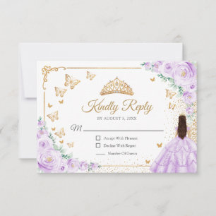 Chique Paarse Sering Rozen Gouden Quinceanera Antw RSVP Kaartje