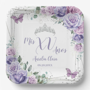 Chique paarse seringen bloem vlinders Quinceañera  Papieren Bordje
