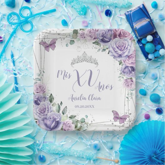 Chique paarse seringen bloemen vlinders Quinceañer Papieren Bordje (Feest)