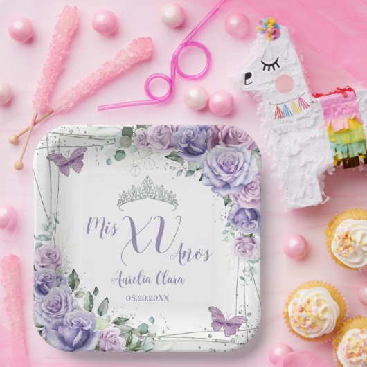 Chique paarse seringen bloemen vlinders Quinceañer Papieren Bordje (Feest)