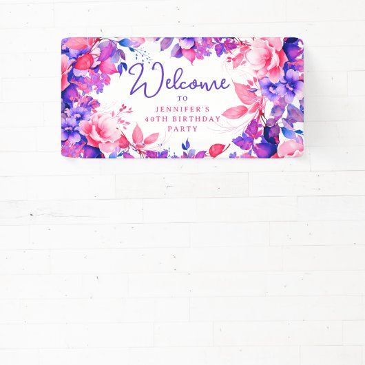 Chique Paarse Waterverf Bloemen 40e Verjaardag Spandoek (Insitu)