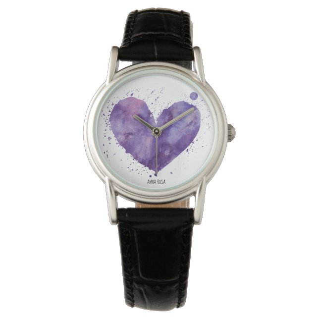 *~* Chique Paarse Waterverf Girly Heart Leather Horloge (Voorkant)