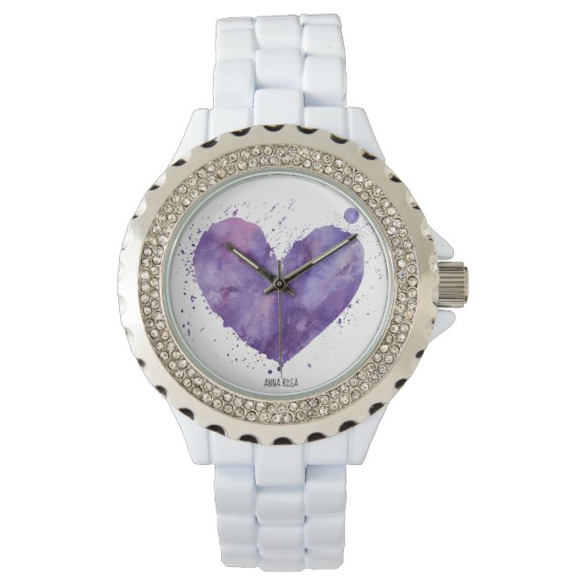 *~* Chique Paarse Waterverf Splatter Girly Hart Horloge (Voorkant)