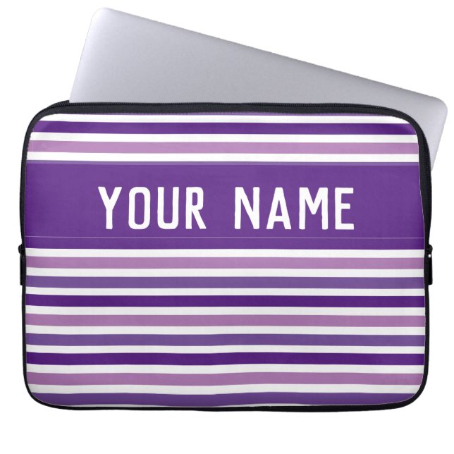 Chique Paarse & witte strepen Aangepaste naam Laptop Sleeve (Voorkant)