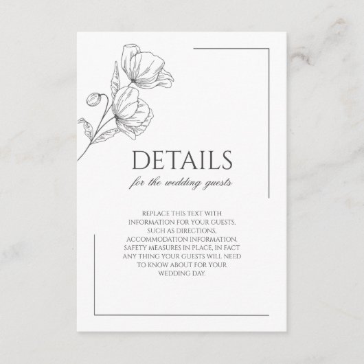 Chique papaver bloem minimalistische bruiloft informatiekaartje (Voorkant)