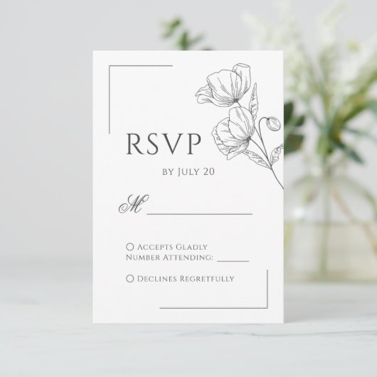 Chique papaver bloem minimalistische bruiloft RSVP (Staand voorkant)