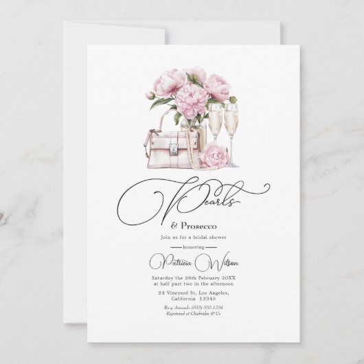 Chique Parels en Prosecco Roze Bloemen Vrijgezelle Kaart (Voorkant)